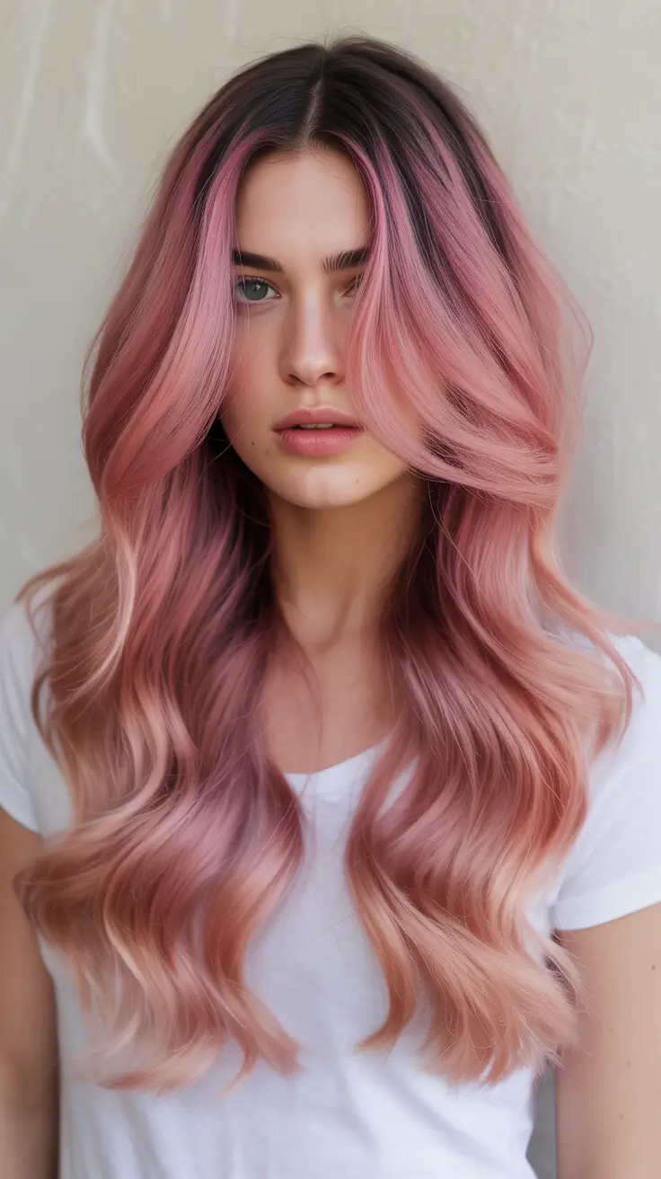 dreamy spring pink hair color ideas 2026 + Warm Pink Ombre With A Shadow Root