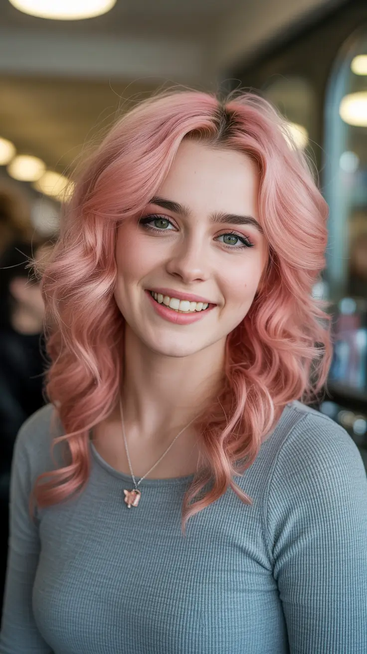 dreamy spring pink hair color ideas 2026 + Flirty Short Curls In Soft Peachy Pink