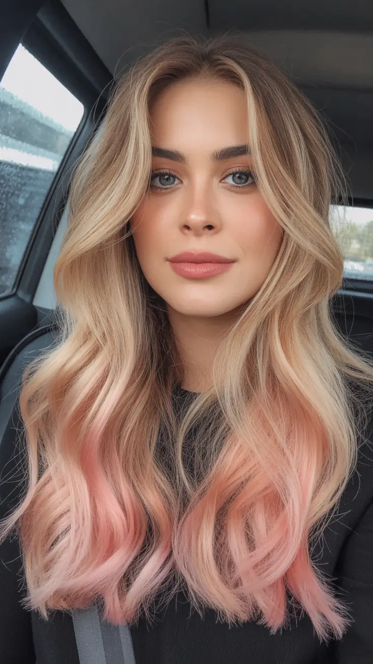 dreamy spring pink hair color ideas 2026 + Blonde Waves With Light Pink Dipped Ends