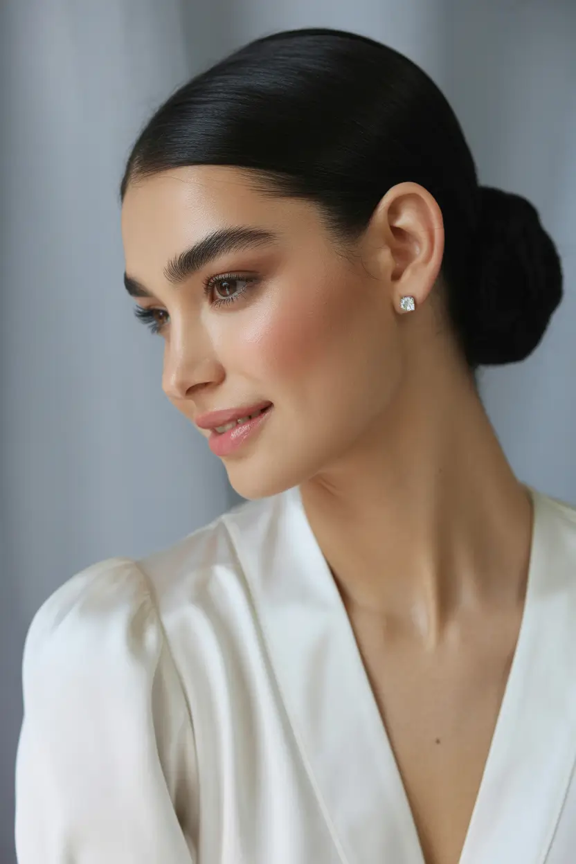 chic spring straight hairstyles for 2026 + Polished Low Bun With Soft Side Part And Quiet Luxury Glow