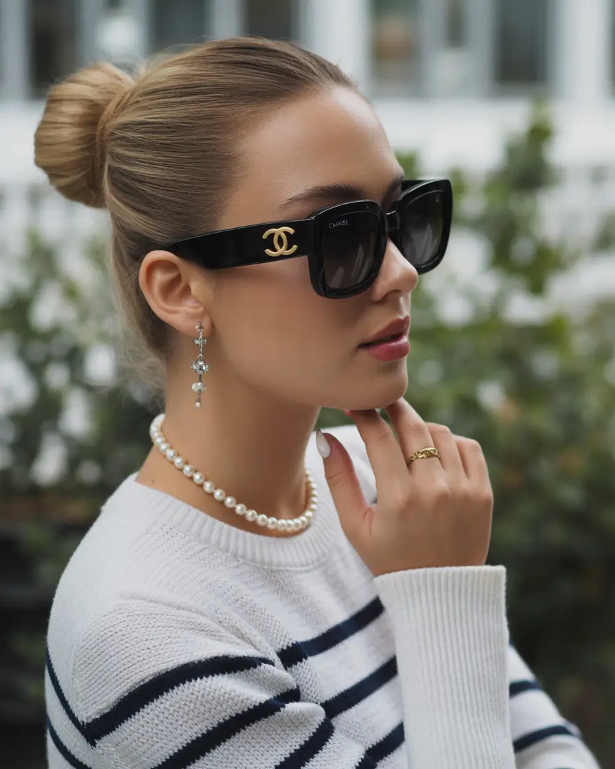 chic spring straight hairstyles for 2026 + Polished Ballet Bun With Sunglasses And Pearls