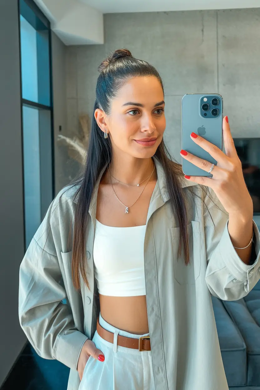 chic spring straight hairstyles for 2026 + Half-Up Mini Bun With Straight Length And Clean Casual Layers