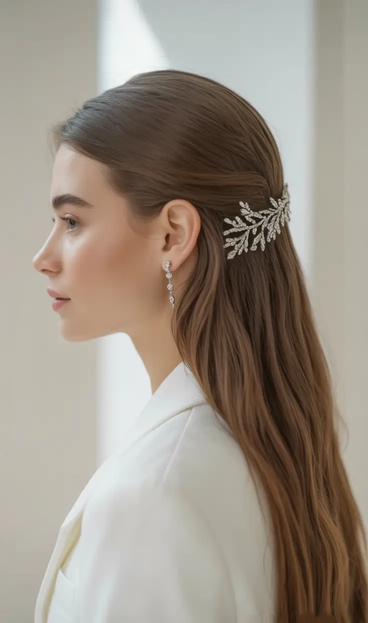 chic spring straight hairstyles for 2026 + Half-Up Straight Length With A Sparkly Botanical Barrette