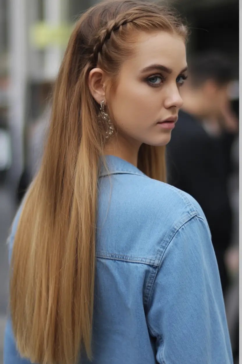 chic spring straight hairstyles for 2026 + Side Braid Detail With Straight Length And Cool-Girl Denim