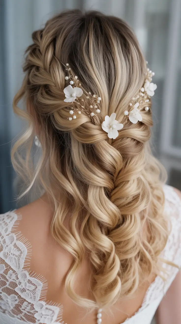 modern spring wedding hairstyles trends 2026 Bubble Braid Half-Up With Pearl Blossom Accents