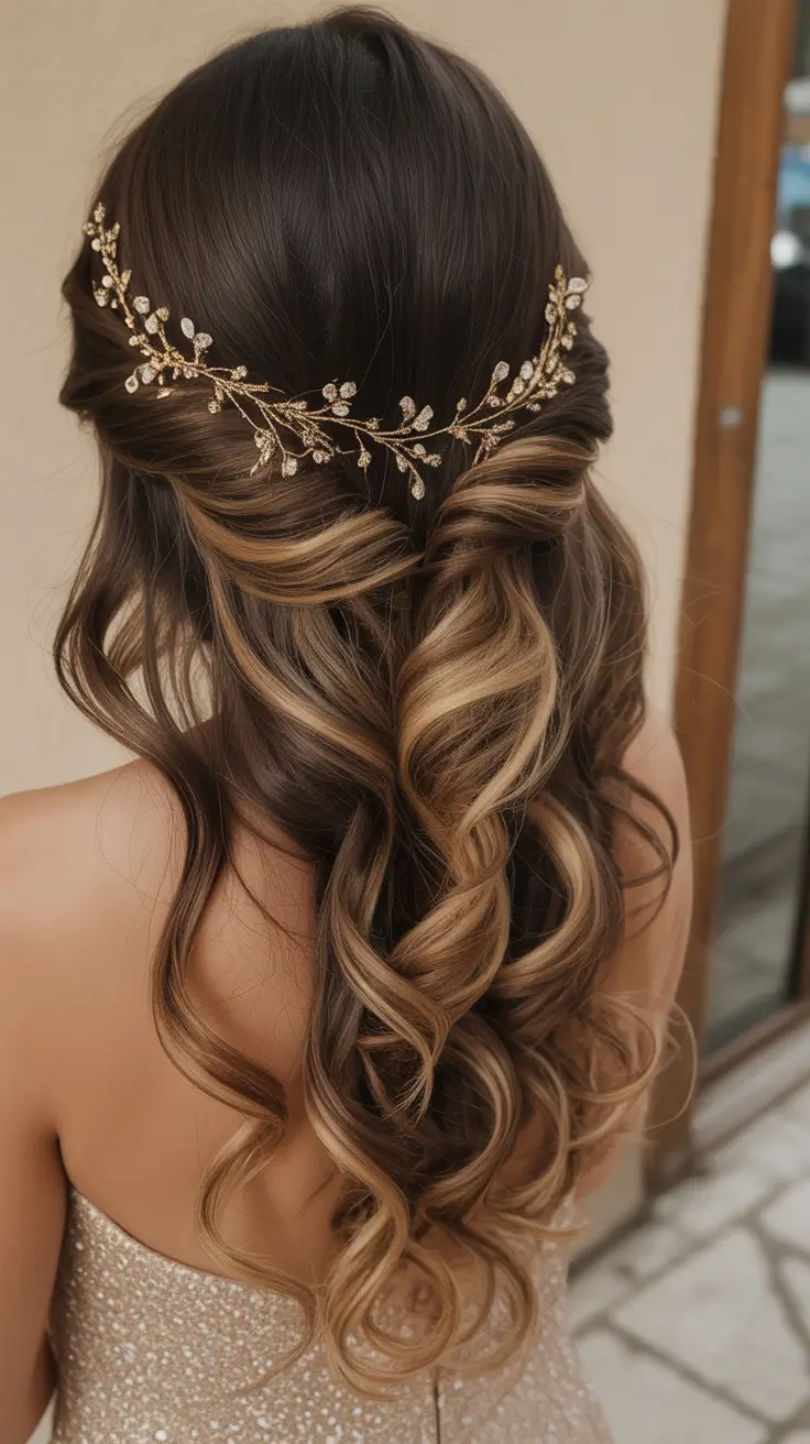 modern spring wedding hairstyles trends 2026 Golden Vine Twist With Brunette Ribbon Curls