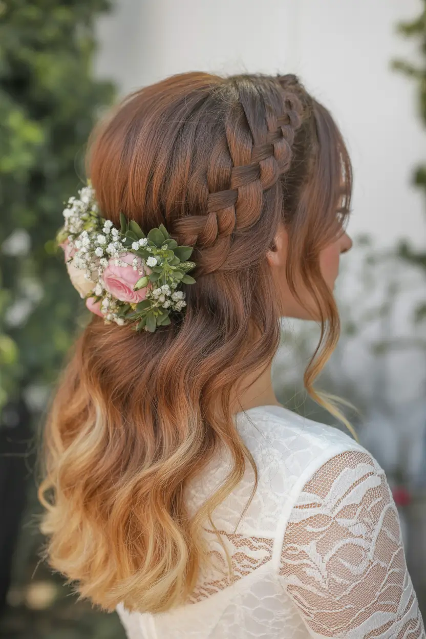 modern spring wedding hairstyles trends 2026 + Braided Crown With A Rosy Garden Cluster
