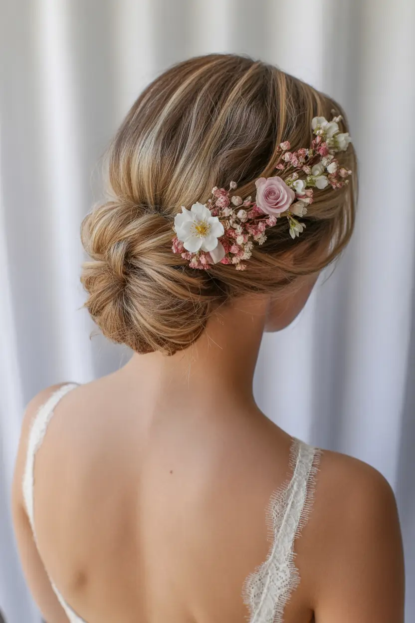 modern spring wedding hairstyles trends 2026 + Low Twisted Chignon With Blush Florals