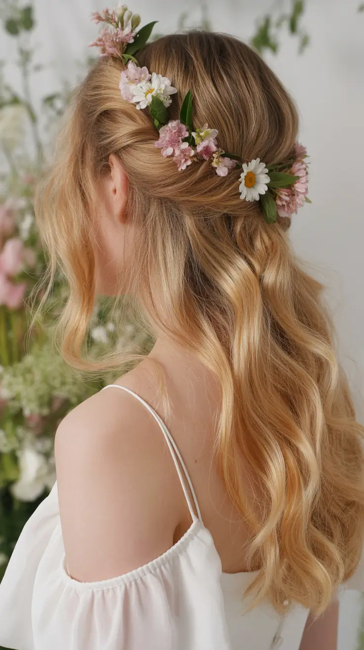modern spring wedding hairstyles trends 2026 + Half-Up Waves With A Wildflower Vine