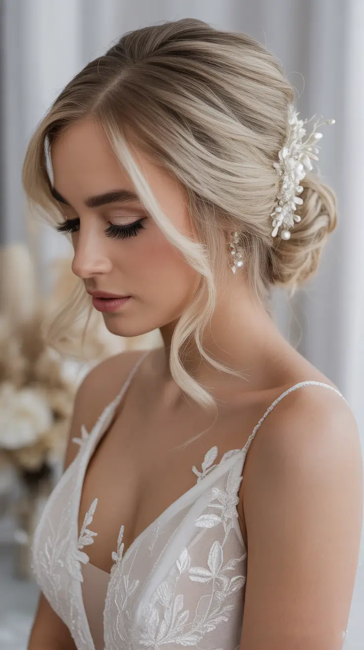 modern spring wedding hairstyles trends 2026 Polished Low Bun With Pearl-Glass Clip Detail