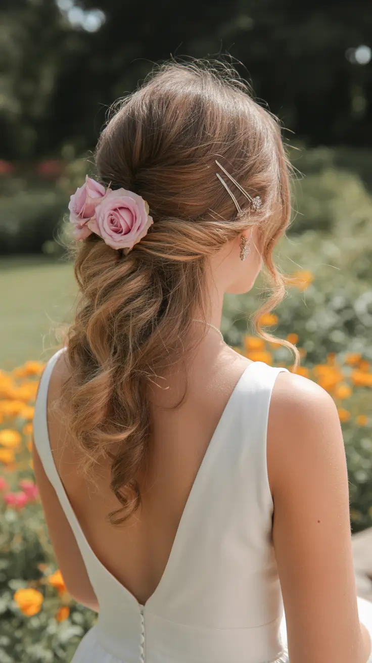 modern spring wedding hairstyles trends 2026 + Loose Low Pony With Roses And Minimal Pins