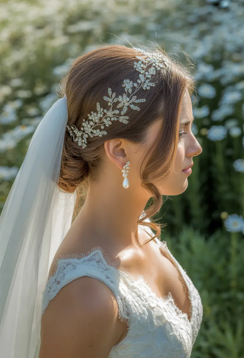 modern spring wedding hairstyles trends 2026 Crystal Vine Veil Set With a Low Knot