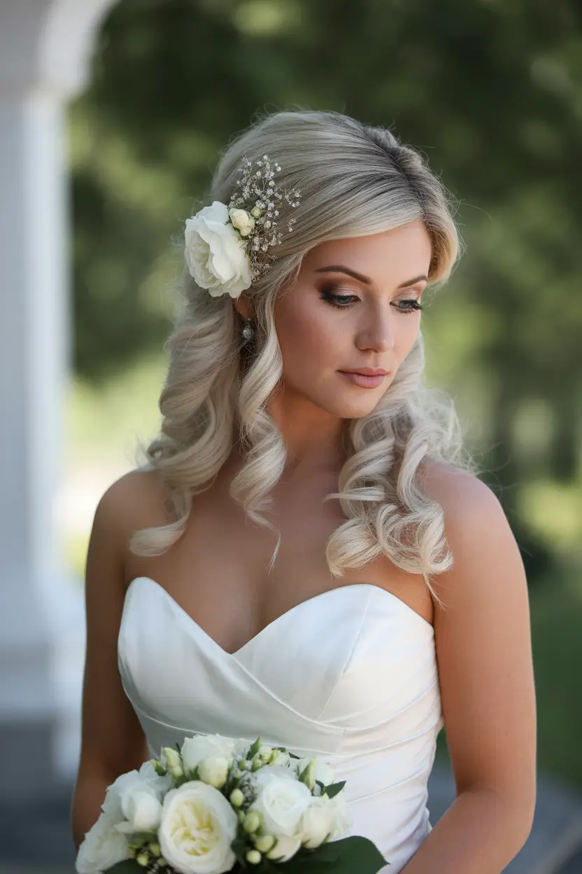 modern spring wedding hairstyles trends 2026 Statement Curls With a Fresh White Floral Accent