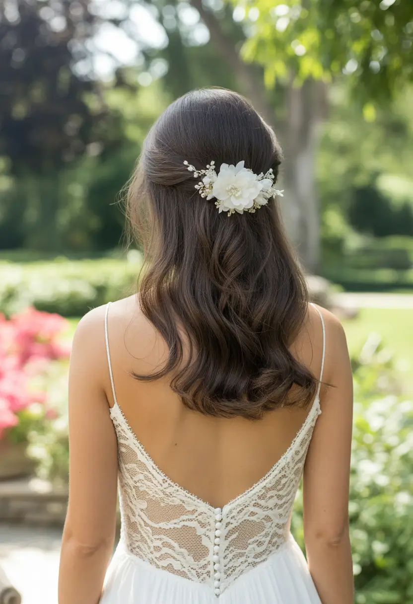 modern spring wedding hairstyles trends 2026 + Soft Half-Up Waves With A Fresh Floral Accent