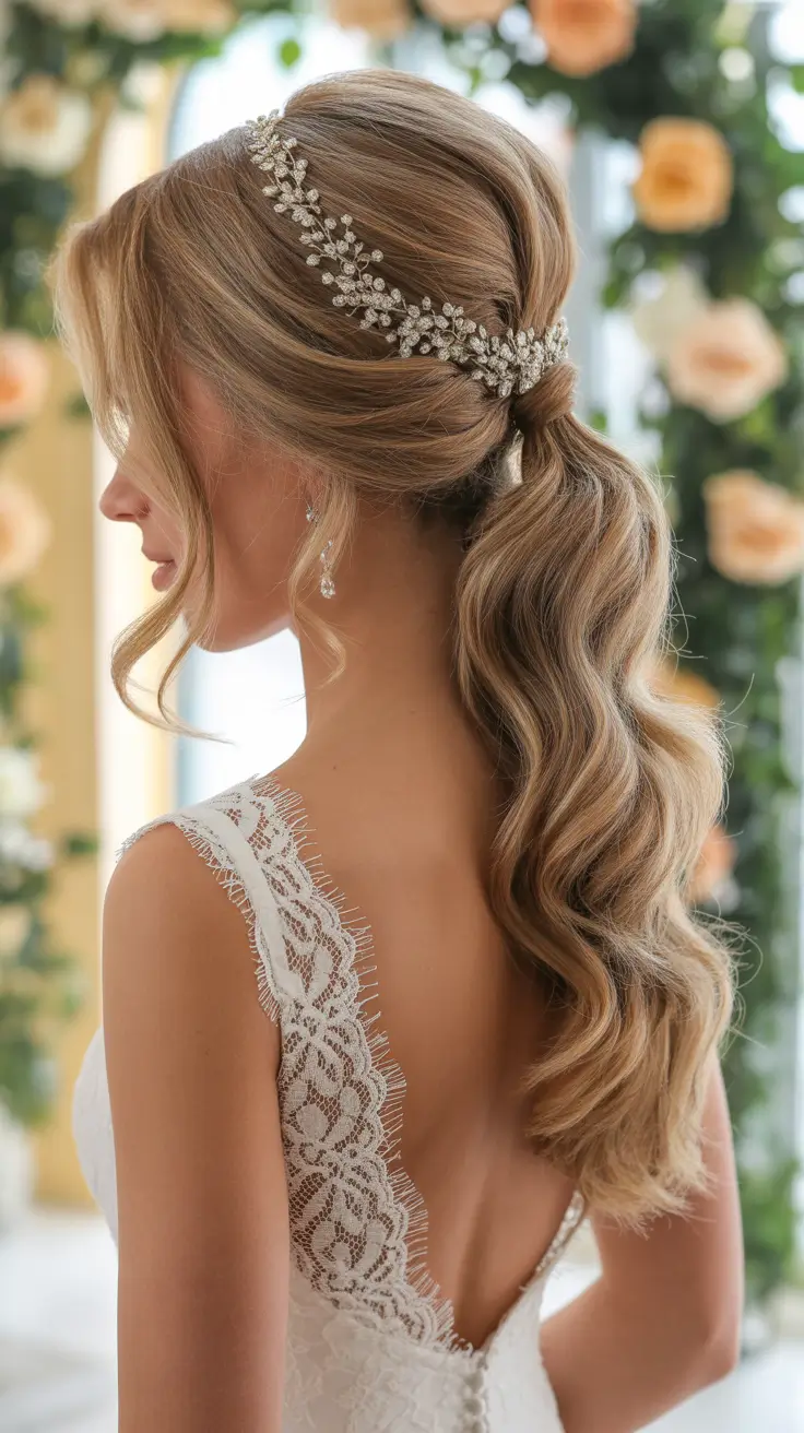modern spring wedding hairstyles trends 2026 + Low Pony With Crystal Vine Glam