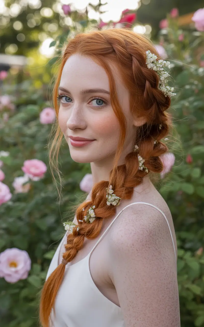 modern spring wedding hairstyles trends 2026 + Garden Braid With Baby’s Breath Charm