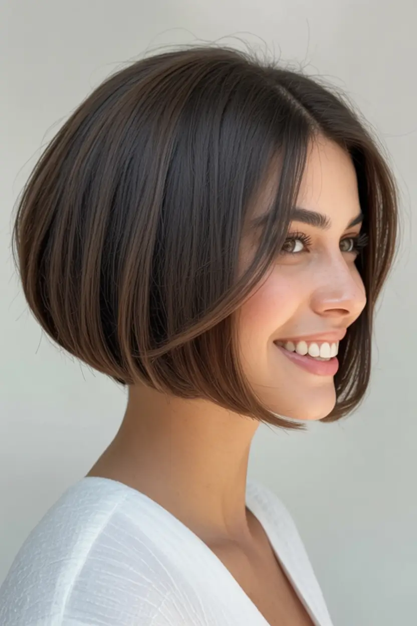 modern spring bob haircuts 2026 Elegant Angled Brunette Bob With Face Framing Layers