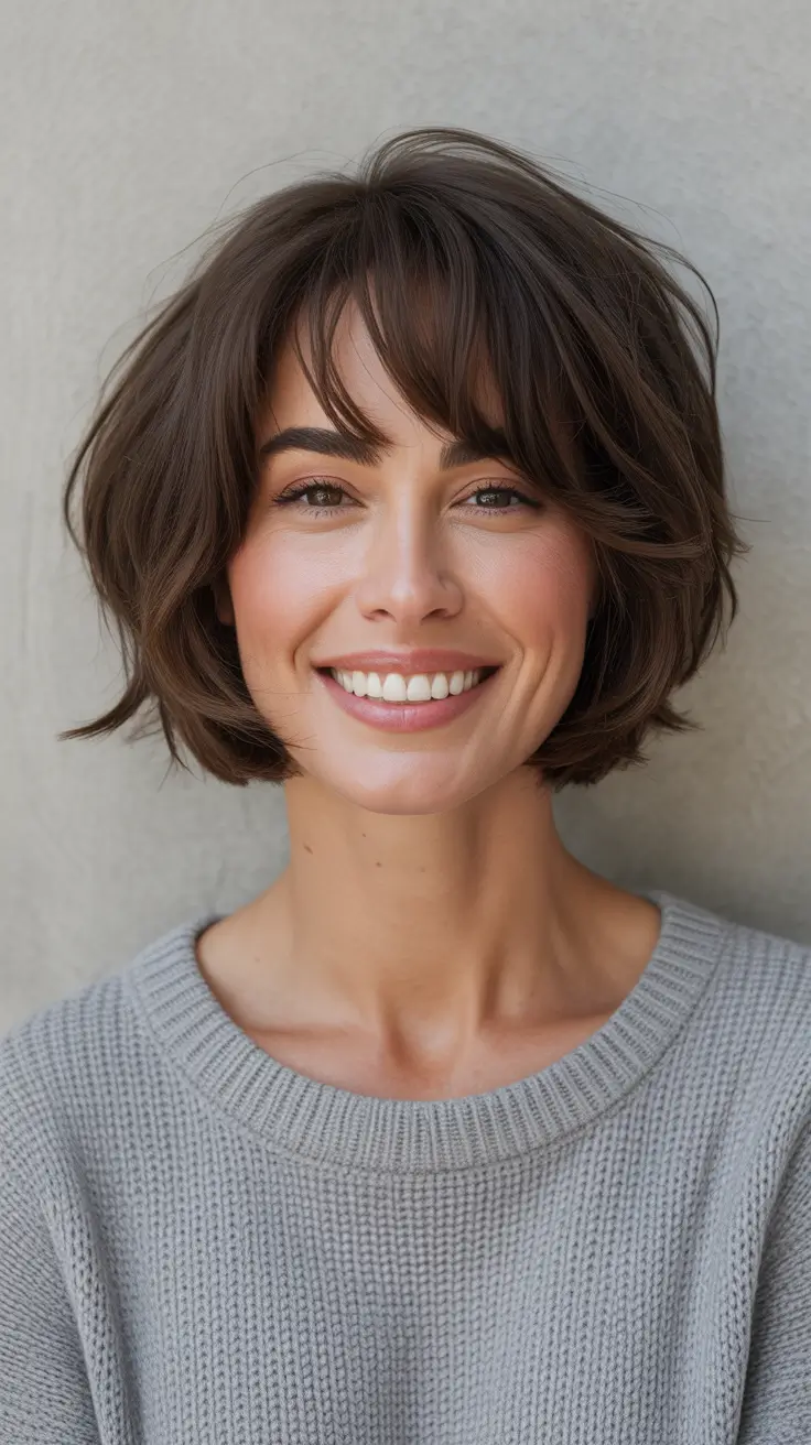 modern spring bob haircuts 2026 Soft Feathered Bob With Airy Bangs