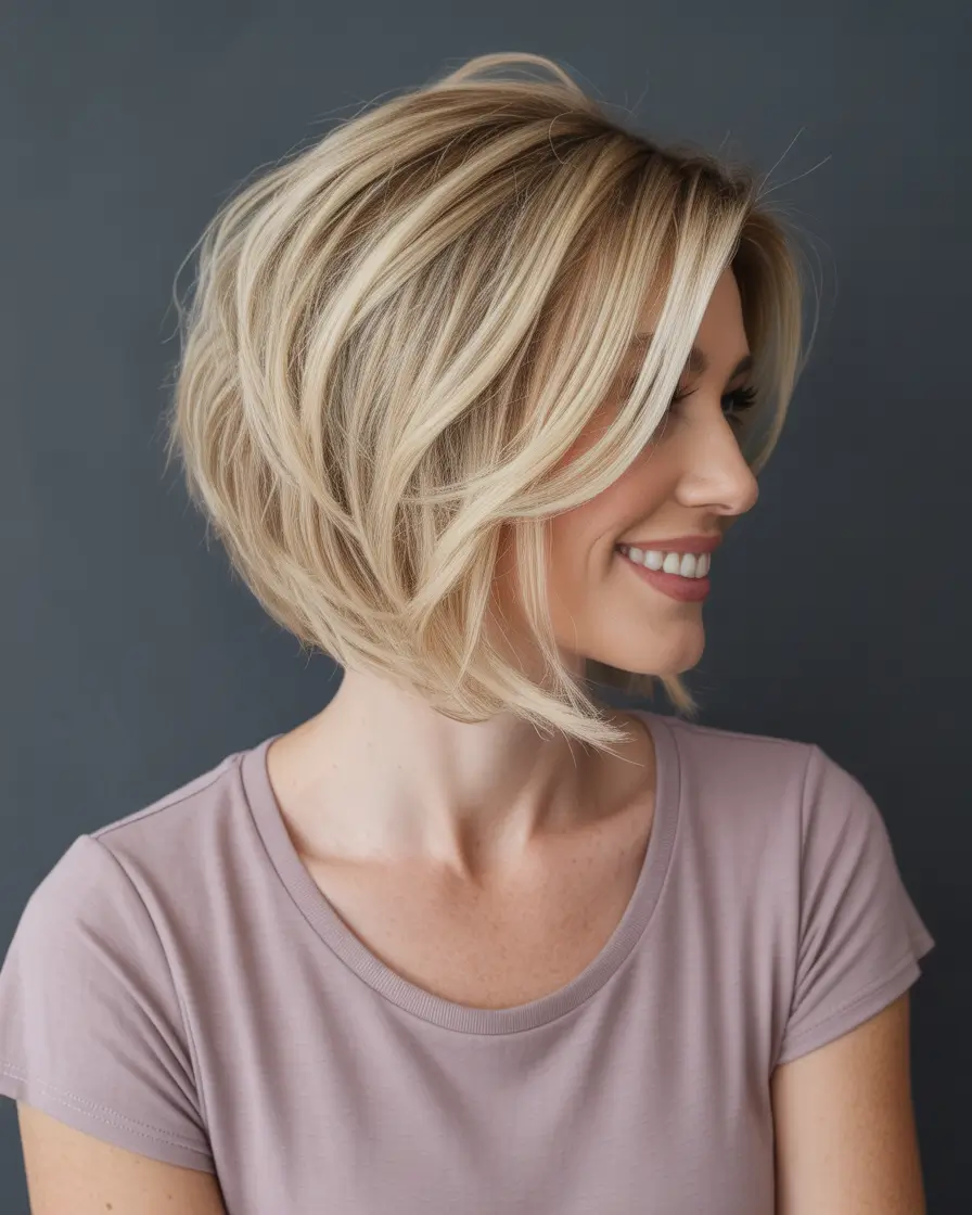 modern spring bob haircuts 2026 Layered Blonde Bob With Soft Side Volume