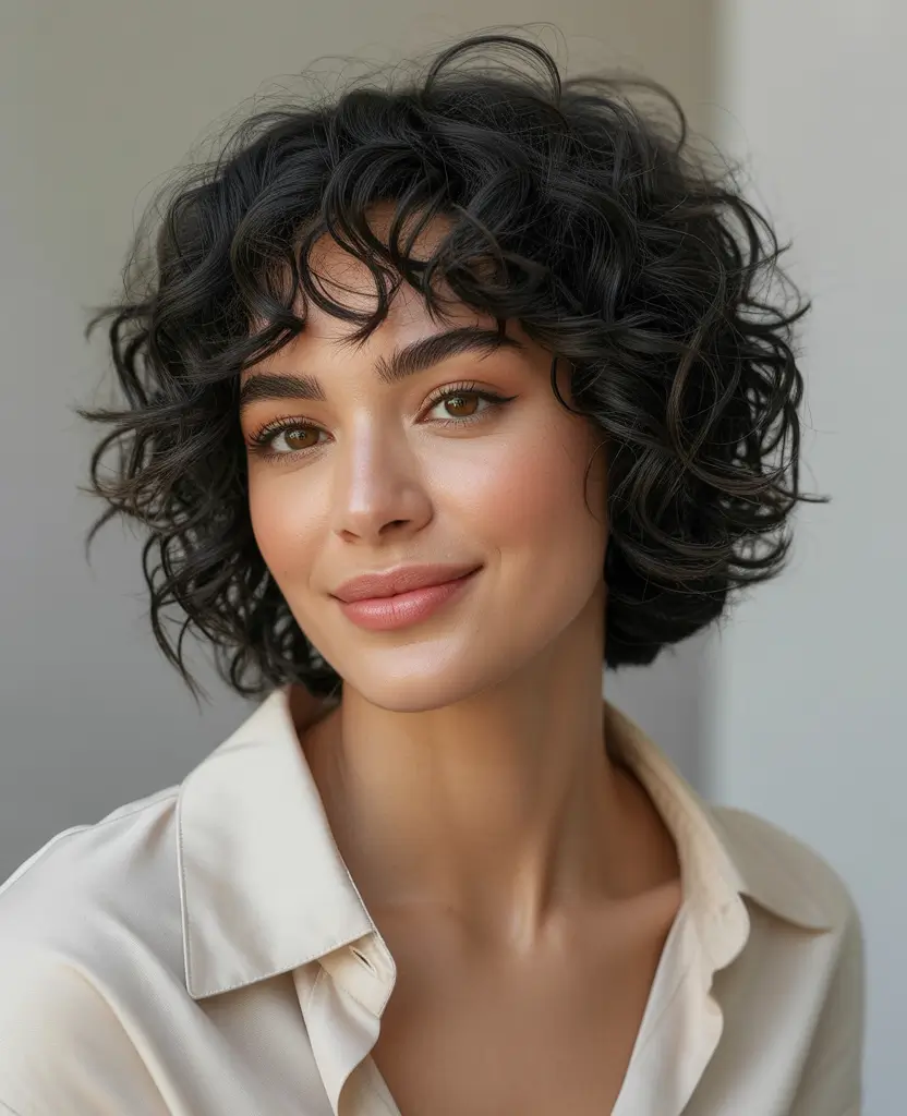 modern spring bob haircuts 2026 Playful Curly Shaggy Bob With Soft Bangs