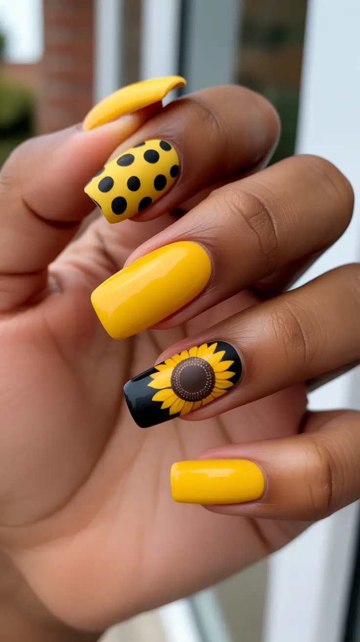 Elegant Spring Nails For Brown Skin 2026 Cheerful Sunflower Pop