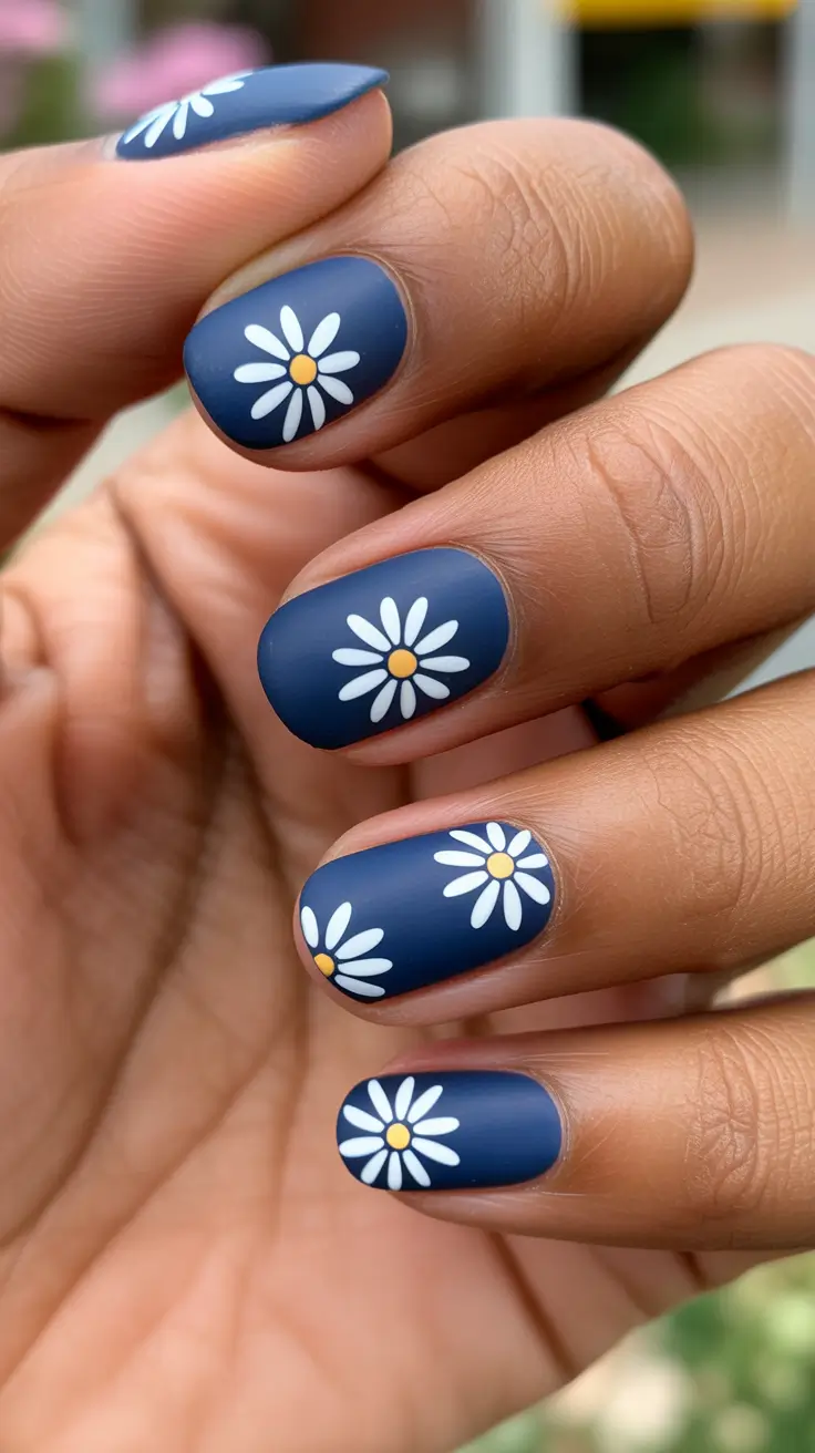 elegant spring nails for brown skin 2026 Midnight Daisy Matte