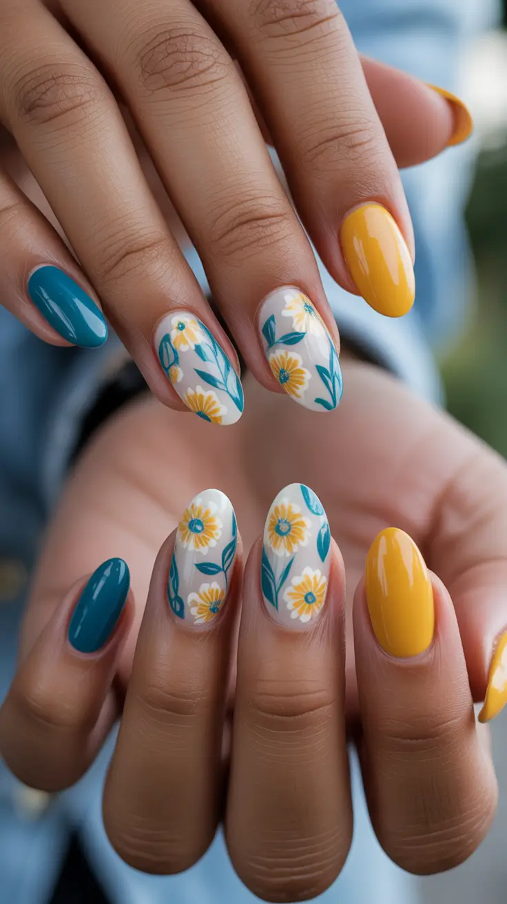 chic spring nails for dark skin 2026 Teal And Marigold Bloom Mix
