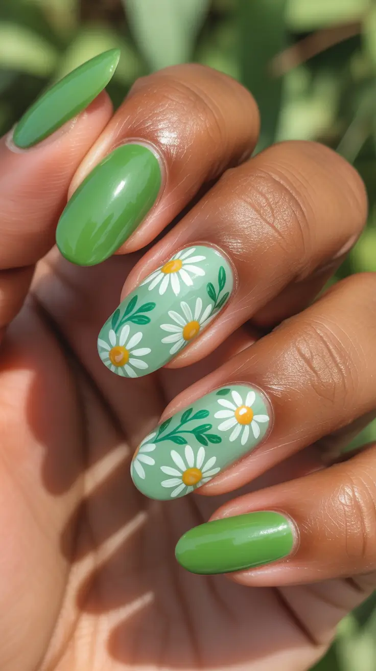 chic spring nails for dark skin 2026 Fresh Meadow Green With White Blooms