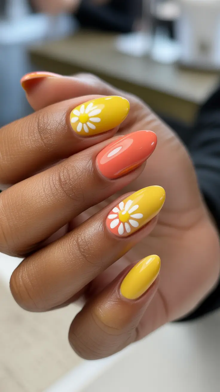 chic spring nails for dark skin 2026 Sunburst Daisy Pop In Yellow And Coral