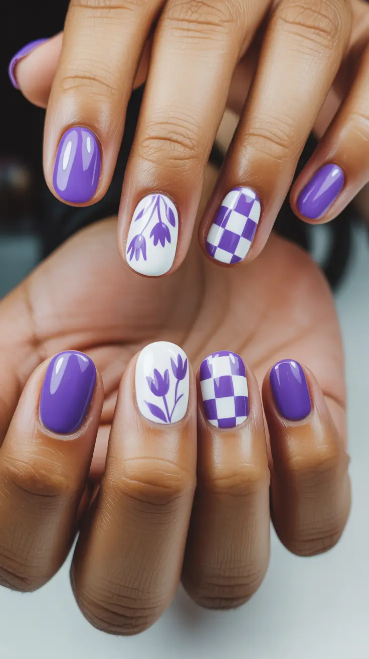 chic spring nails for dark skin 2026 Lavender Blooms And Checkerboard Freshness
