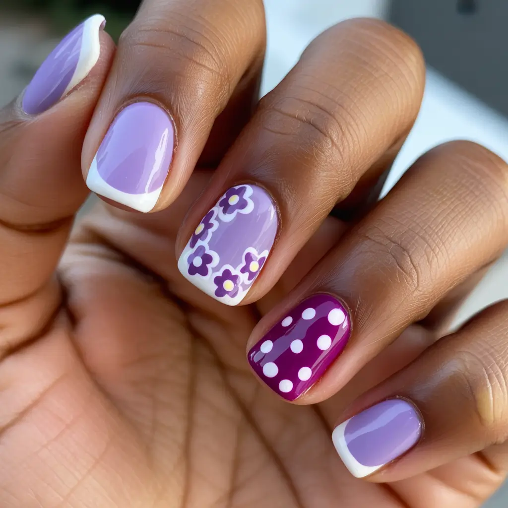 chic spring nails for dark skin 2026 Lavender Daisy Tips With A Retro Twist