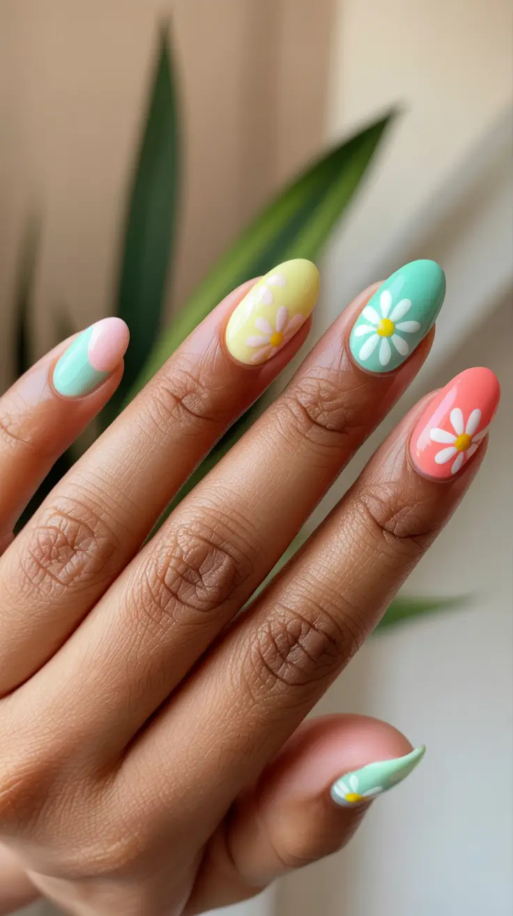 chic spring nails for dark skin 2026 Pastel Daisy Mix In Sorbet Shades