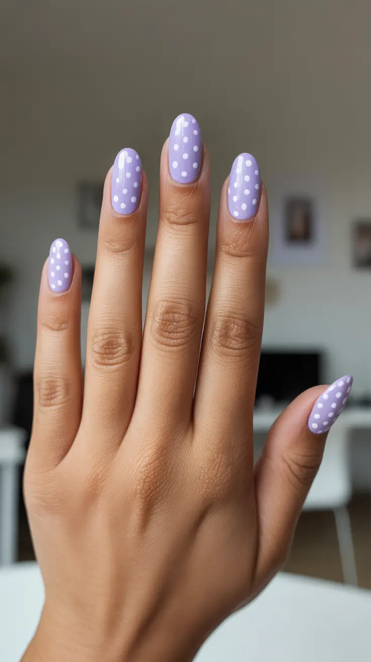 chic spring nails for dark skin 2026 Lavender Polka Dots For Playful Spring Energy