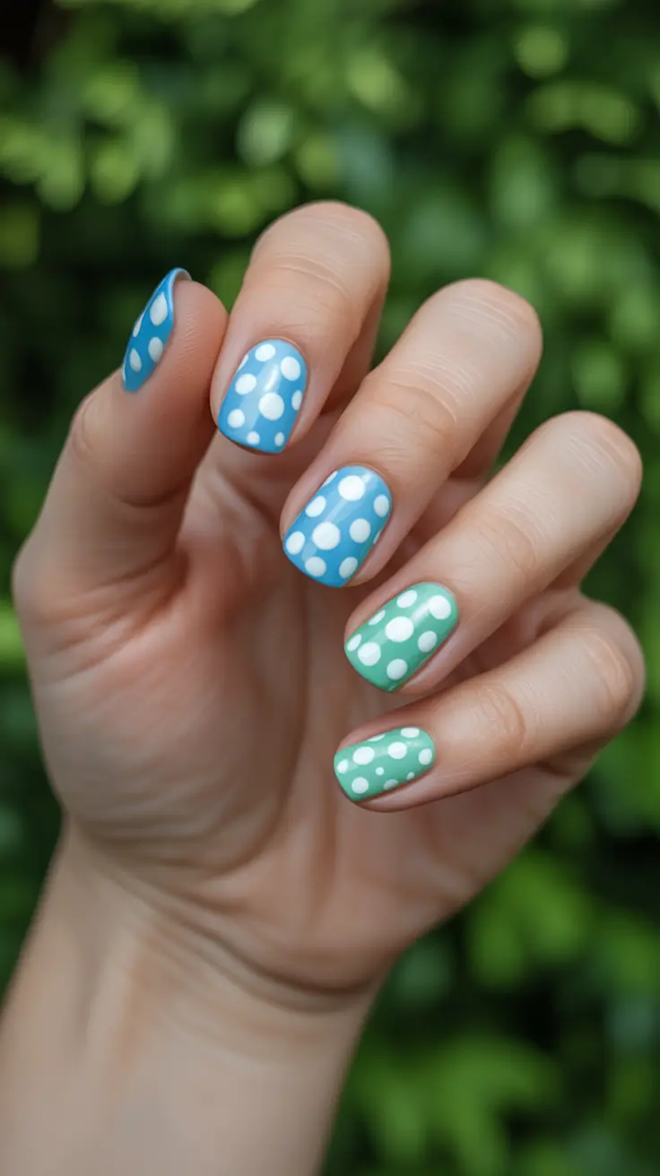 stylish spring nails simple 2026 Blue And Mint Polka Dot Spring Nails