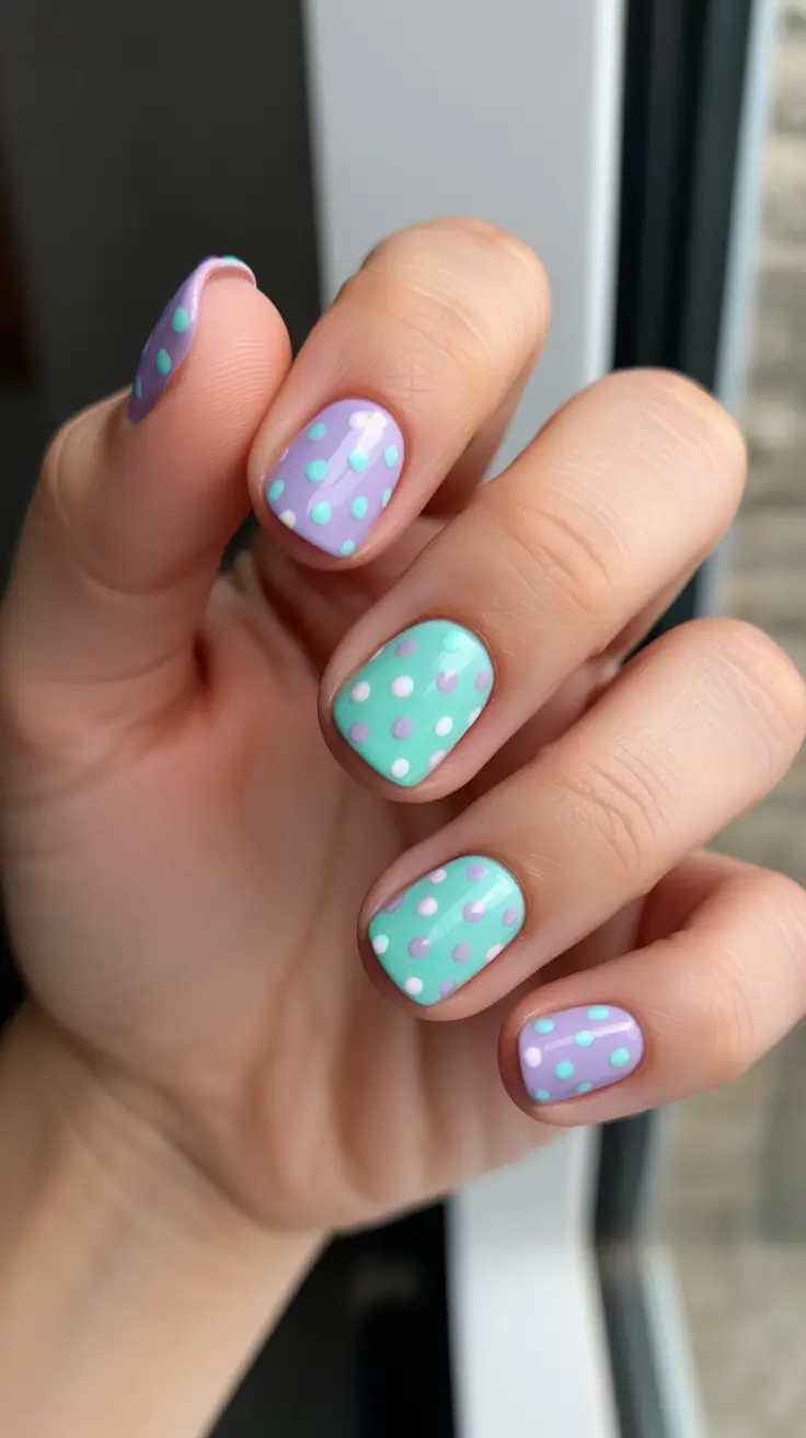 stylish spring nails simple 2026 Lavender And Mint Polka Dot Mix