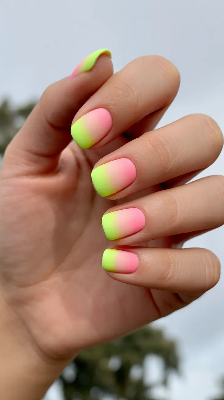 stylish spring nails simple 2026 Neon Pink And Green Gradient Tips