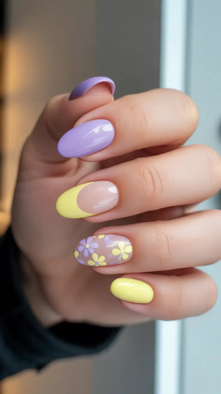 spring oval nails 2026 Playful Yellow And Lilac Florals for A Bright Spring Day