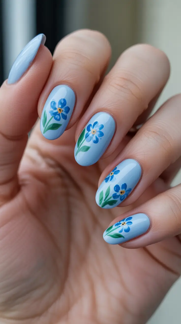 spring oval nails 2026 Soft Blue Blossoms For A Breezy Spring Mood