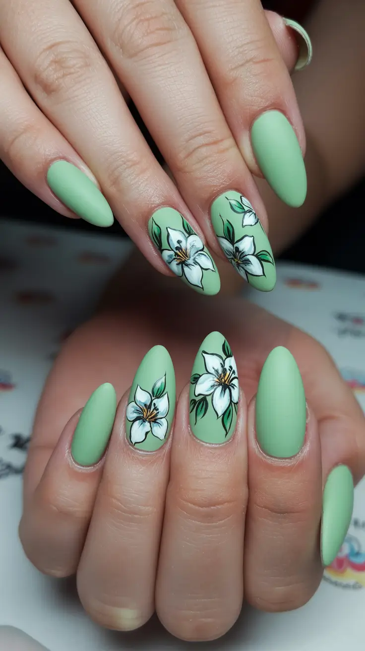 spring oval nails 2026 Matte Green Florals With Artistic Detail
