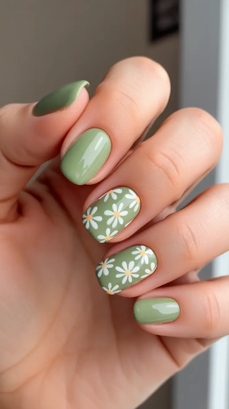 spring oval nails 2026 Fresh Sage Daisies For A Playful Spring Look