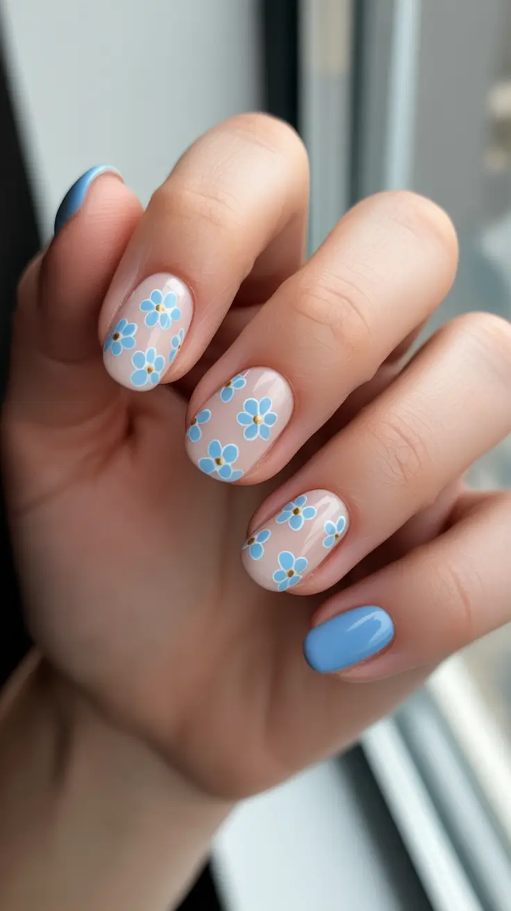spring oval nails 2026 Blue Spring Blossom Oval Nails