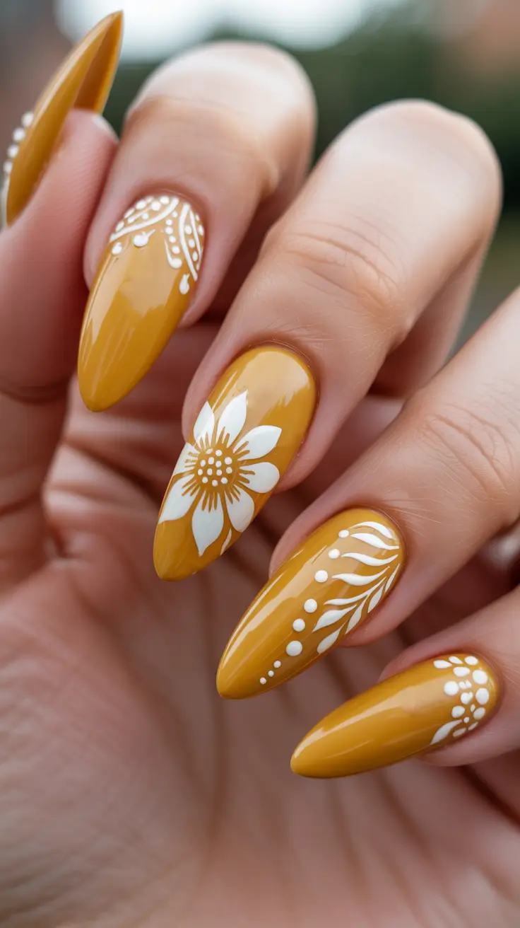 chic spring stiletto nails 2026 Golden Mustard Floral Statement Nails