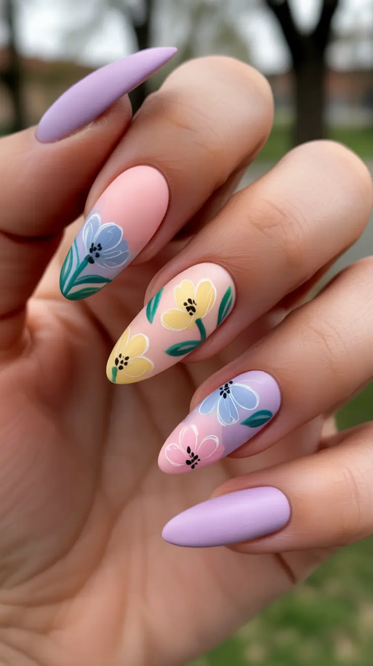 spring stiletto nails 2026 Pastel Garden Floral Mix For Playful Spring Stiletto Nails Ideas
