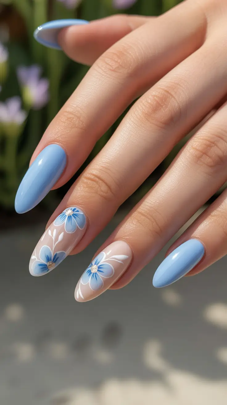 spring stiletto nails 2026 Sky Blue Blossom Stiletto Nails For A Light Spring Look