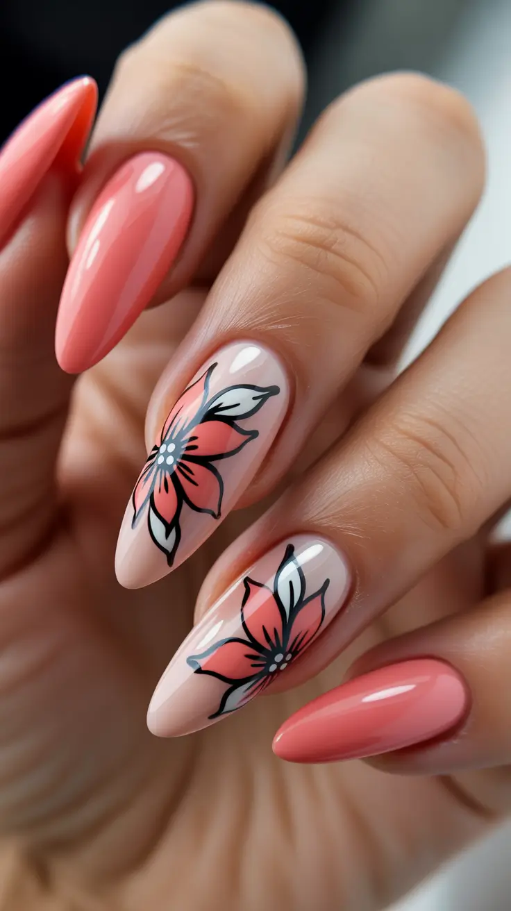 spring stiletto nails 2026 Peach Blossom Stiletto Nails With Graphic Floral Art
