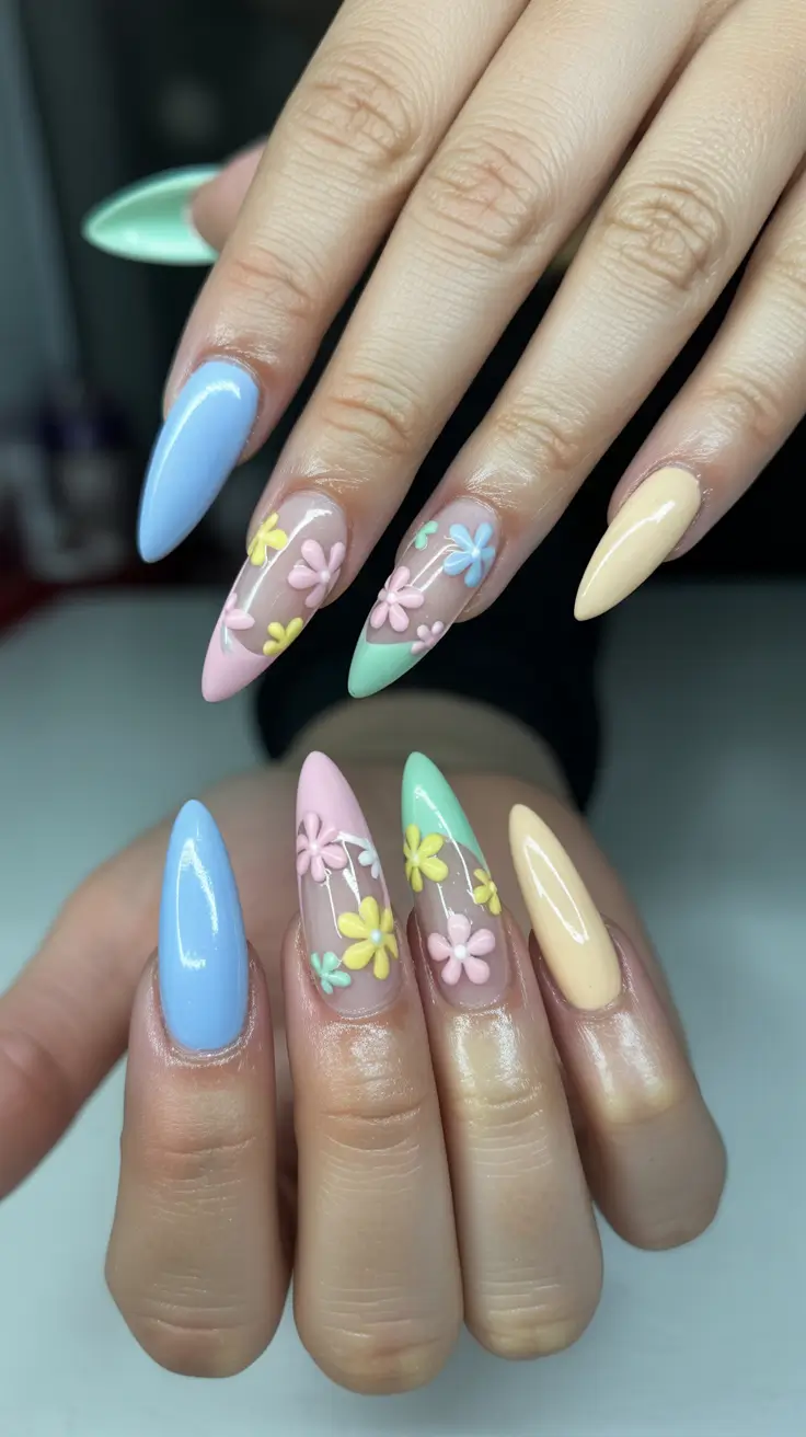 chic spring stiletto nails 2026 Pastel Bloom Garden Stiletto Design