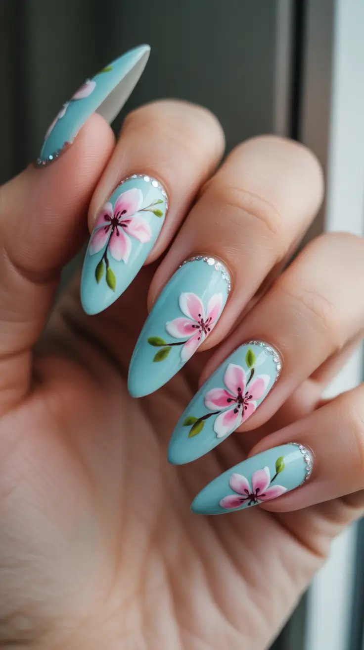 chic spring stiletto nails 2026 Sky Blue Cherry Blossom Stiletto Nails
