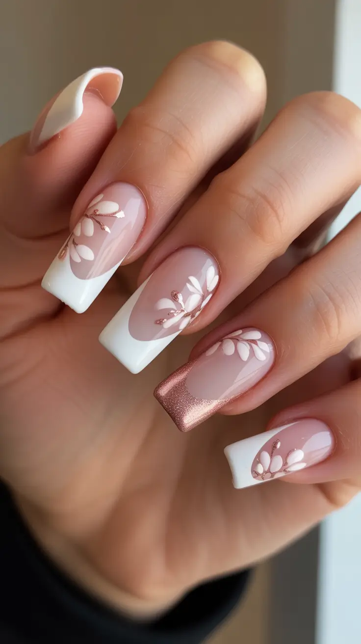 romantic spring wedding nails 2026 Soft Floral French With A Rose Gold Accent