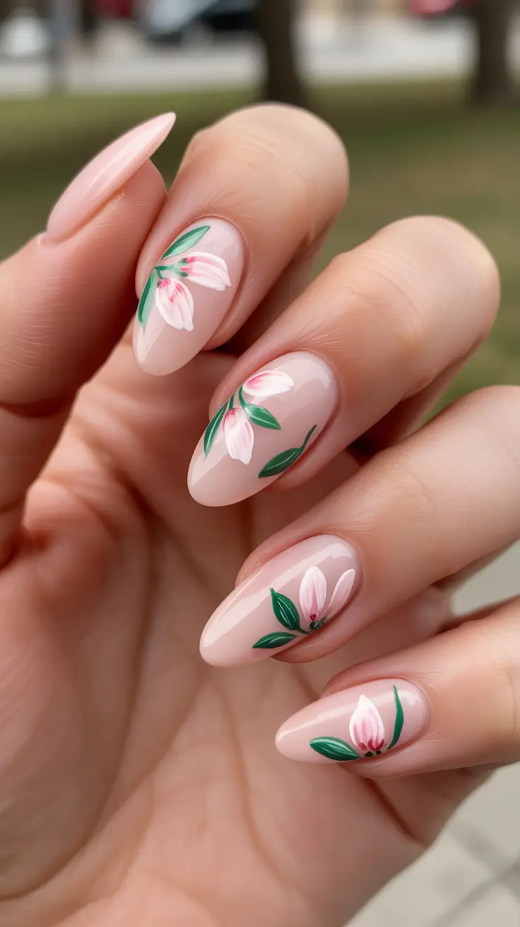 romantic spring wedding nails 2026 Elegant Almond Floral Nails With Soft Botanical Details