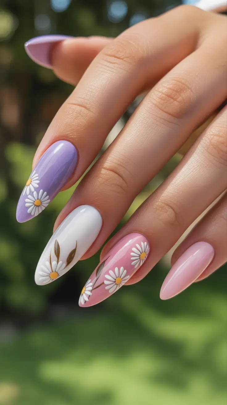 romantic spring wedding nails 2026 Playful Daisy Garden Nails In Pastel Spring Colors